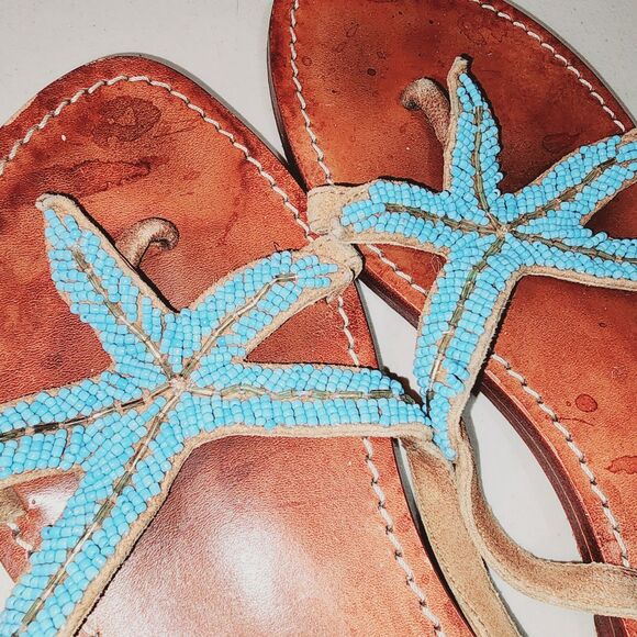 MYSTIQUE Sz 9 Teal Beaded Starfish Beach Resort Kuwai Leather Handmade Sandals - Picture 9 of 14